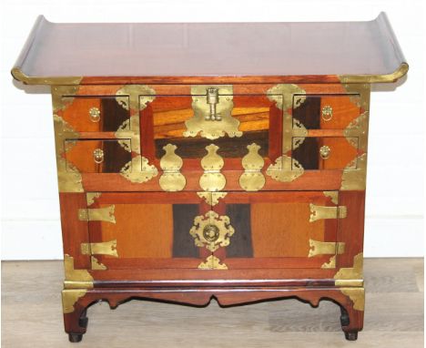 Vintage wooden Korean wedding chest or Bandaji, heavily clad with brass panels and fittings, comprising 4 small drawers and 2