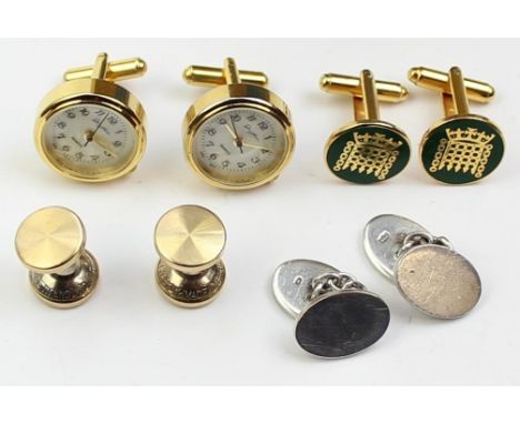 A pair of heavy gauge silver cufflinks, Sheffield 1996 by Mappin &amp; Webb and three other sets of gold plated cufflinks, on