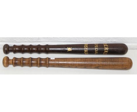 Two vintage wooden truncheons, one with hand-painted inscription 'Berks Special Constable', 38cm [2]
