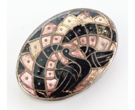 A small silver and enamel pill box decorated with a peacock, possibly Indian, unmarked but XRF confirmed as at least 95% pure