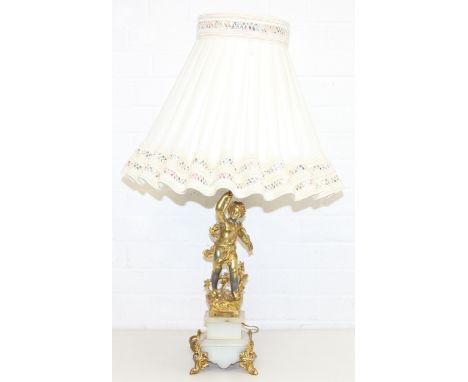 A vintage Ormolu or gilt metal figural lamp on alabaster base, small plaque inscribed 'Printemps, Par. E. Rancoulet', with gi
