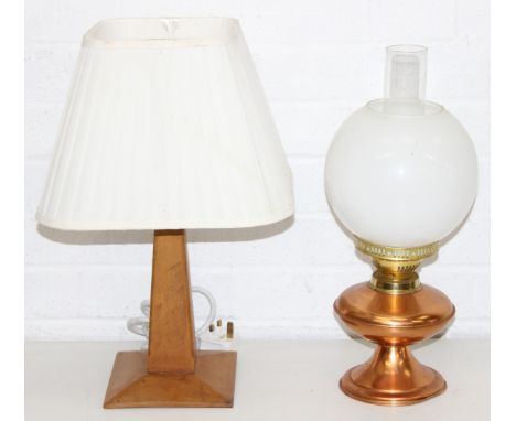 Retro wooden based table lamp with white shade and copper-based oil lamp with glass shade, tallest 46cm incl shade [2]