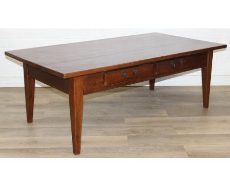 A modern three planked oak coffee table with 2 drawers either side, approx 140cm x75cm x 51cm