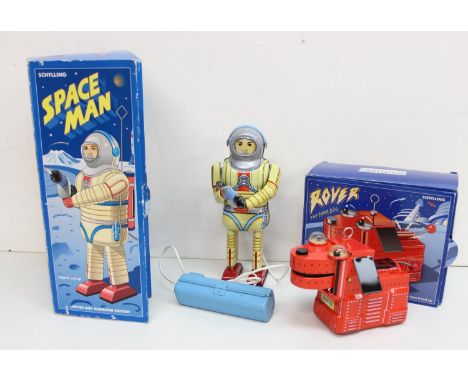 Schylling limited edition tin plate Collector's Series toy robots. Space Man (2064) and Rover the Space Dog (23877) both in o