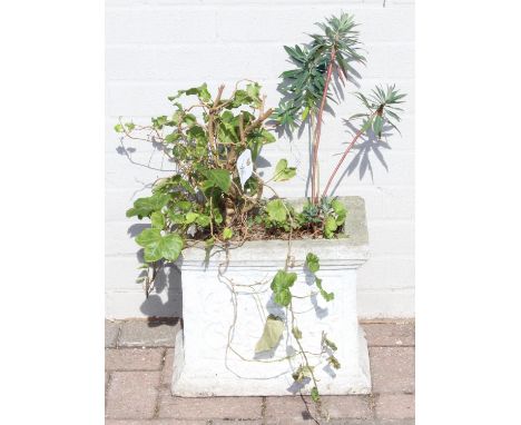 A weathered garden planter with plants, the planter alone 37cm x 25cm x 30cm