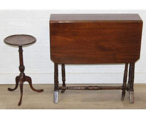 A small antique mahogany wine table with tripod base and an antique mahogany Sutherland dropleaf table of small proportions, 