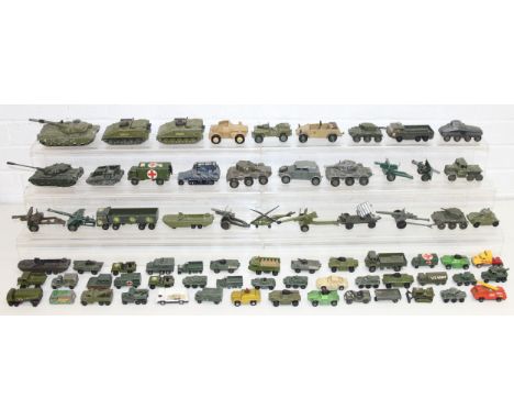 Qty of vintage play-worn diecast military themed toy vehicles to incl Corgi, Dinky, Matchbox, Britains etc