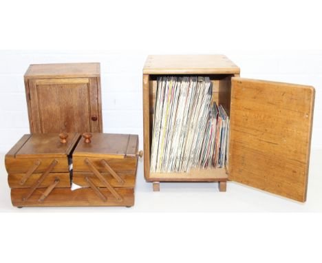 Small wooden cabinet with a qty of vinyl records, wooden sewing box with contents, and a small wall cabinet with shelf, large