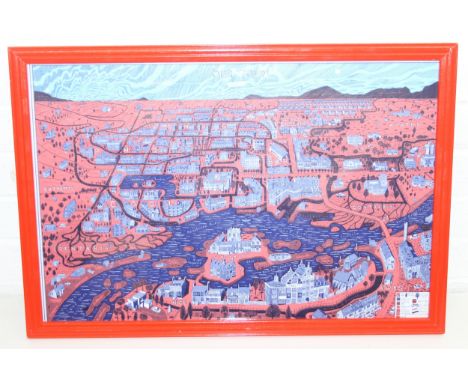 Grayson Perry (British, b.1960): A framed printed tote bag of the etching titled 'Our Town', in red and blue, 64cm x 44cm