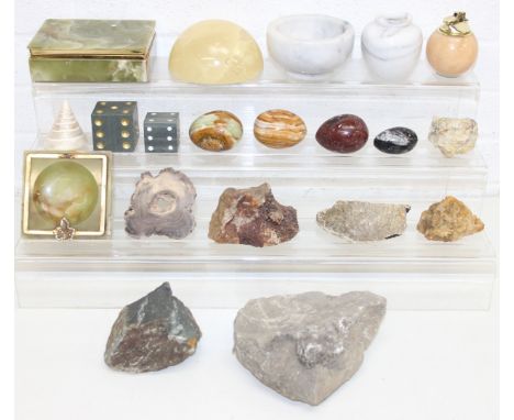 Assorted natural stone and polished material items to incl ashtray, cigarette box, vase, stone dice, etc