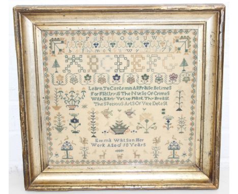 A Regency period needlework sampler worked by Emma Watson, aged 10, likely c.1830 but undated, profusely embroidered with the