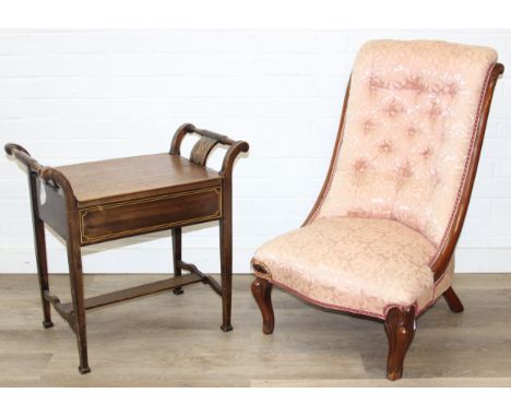 An antique piano stool with lift up lid and boxwood inlay, later top and a Victorian low chair with shaped button back, pink 