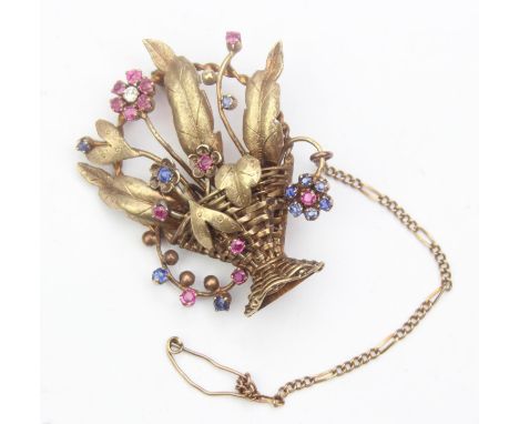 [14.92g] - an antique brooch formed as a basket of flowers set with a number of gemstones to inc diamond, ruby and sapphire, 