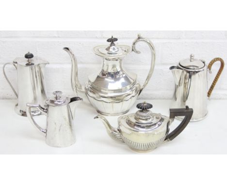 Qty of antique and later silver-plated tea or coffee and hot water pots, to incl a Thomas Otley &amp; Sons of Sheffield examp