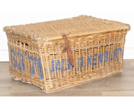 Large vintage wicker basket with painted decoration relating to Newbury, 76cm x 50cm x 38cm