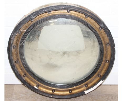 Vintage circular port-hole style convex mirror in gilt-frame, 61cm diam