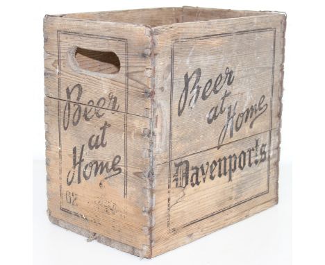 A vintage wooden Davenports 'Beer at Home' advertising bottle crate, 30cm x 20cm x 30cm