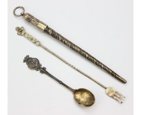 [48.83g] - three silver items to inc a silver Torah pointer or Yad, a silver and coin set pickle fork and a Dutch silver spoo