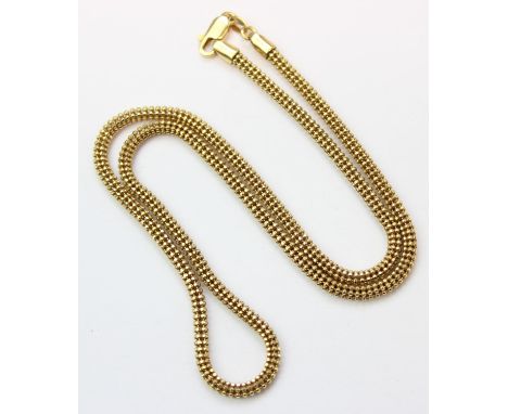 [18.09g] - an 18ct gold necklace formed from a hollow chain of linked balls, marked 750 to clasp and XRF confirmed, 50cm long