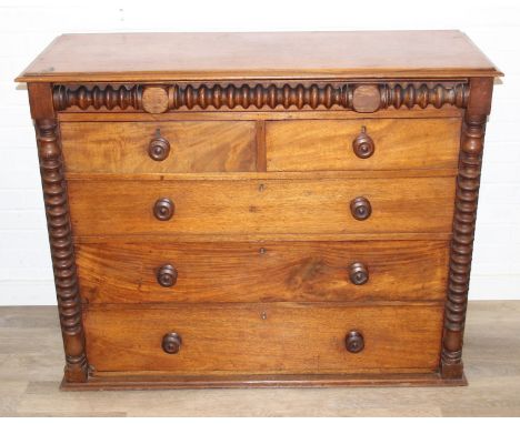 A Victorian mahogany chest of drawers with decorative turned adornments, two over three, 128cm x 48cm x 98cm