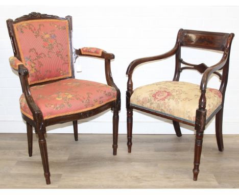 A Regency style open armchair with later floral upholstery, 94cm tall &amp; a Georgian mahogany carver armchair with rail bac
