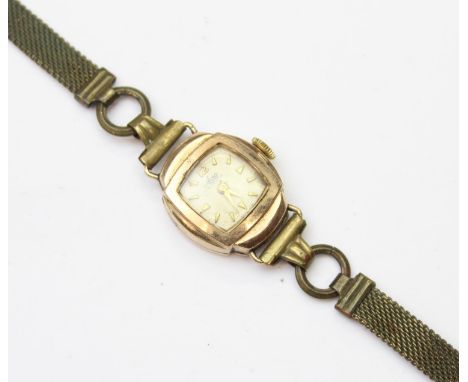 [12.61g] - a 9ct gold cased ladies Avia watch with gold plated mesh strap, marked for Edinburgh 1955, engraved date of 1957, 