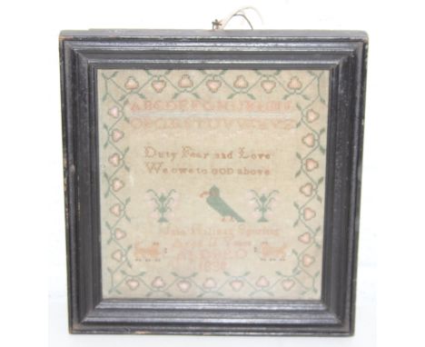An antique William IV period needlework sampler worked by Jane Hillman Spurling aged 11 and dated 1830, embroidered with the 
