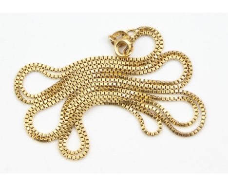 [5.21g] - an 18ct yellow gold box link chain necklace, indistinctly marked to clasp and XRF confirmed, 58cm long