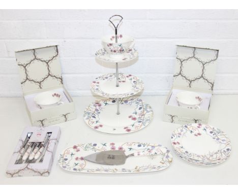 A decorative afternoon tea set in The Chateau pattern by Angel Strawbridge, comprising cake stand, cake slice, sandwich plate