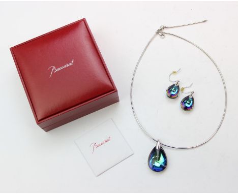 Baccarat Les Bijoux jewellery - a boxed pair of earrings and matching pendant with silver necklace, all pieces mounted with s