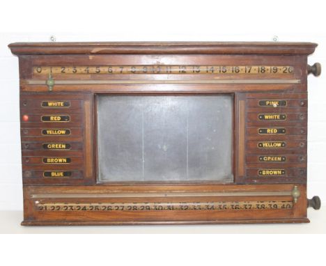 An antique or vintage wooden wall-mountable snooker scoreboard with chalkboard to centre, 110cm W x 64cm H