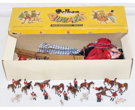 Qty of vintage small lead hand-painted hunting figurines, and a Pelham puppet of a girl in gingham dress with box
