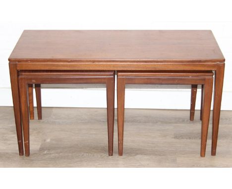 Retro nest of tables, one long with two square under, unmarked but possibly Fyne Layde Afromosia range designed by Richard Ho