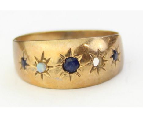 [2.37g, M] - a 9ct gold gypsy set ring with sapphire and opal, one opal missing, marked for Birmingham 1976