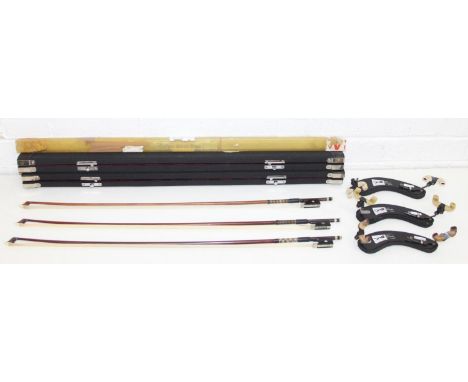 3 violin bows to incl an example marked Bausch and an octagonal example - 2 in hard cases, and 3 shoulder rests by Wolf Forte