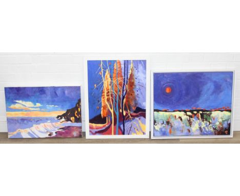 3 contemporary abstract oil on canvas landscape paintings, one entitled Aspen, all initialled TF, two framed and one unframed
