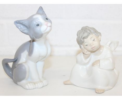 Lladro figures - two figures to include 05113 Feed Me Cat &amp; 4539 Angel Thinking, the cat 14cm tall, no boxes [2]