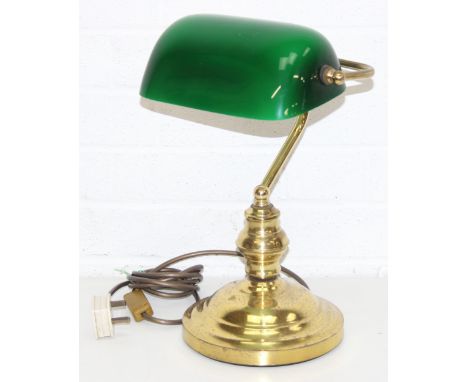 Vintage brass bankers lamp with green glass shade, 40cm H