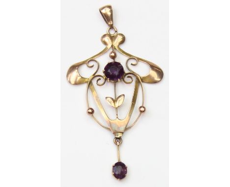 An Art Nouveau 9ct gold and amethyst pendant, marked 9ct and XRF confirmed, 50mm x 26mm, 1.16g