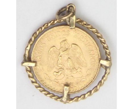 Mexican gold coins - a 1945 Mexico 2 (Dos) Pesos gold coin, struck from 0.900 gold and suspended in 9ct gold rope twist mount