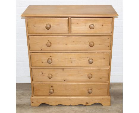 A modern pine two over four chest of drawers with bun handles, 90cm x 40cm x 103cm, one of two in the sale