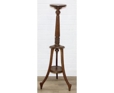 An unusual vintage mahogany 3-legged jardinière stand with carved details, 115cm