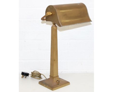 A large vintage brass desk lamp with bankers style brass shade, woven flex, 55cm tall