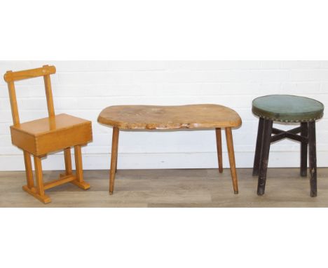 Three pieces of furniture to inc a rustic elm topped table, a child's Taylor desk stool and a vintage stool, the table 74cm x