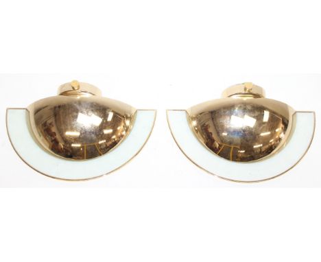 Pair of brass and glass half-moon shaped Art Deco style wall lights by Estiluz of the USA, 40cm W