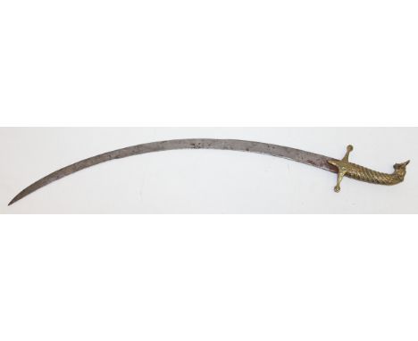 A vintage Persian or Indian 'Shamshir' saber sword with brass lion head hilt with cruciform counter-guard, 79cm