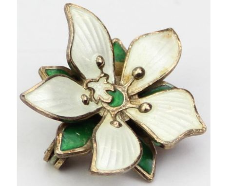 David Andersen of Norway - a silver and white enamel flower brooch, marked to reverse, 26mm wide