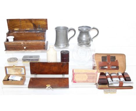 Qty of assorted antique and vintage curios to inc an oak cased desktop inkwell set, advertising items, grooming items, razors