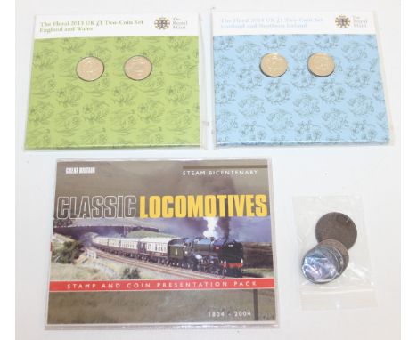 Two Royal Mint Floral £1 coin pairs, England &amp; Wales, Scotland &amp; N. Ireland, both 2014 sealed BU sets and a 2004 Trev