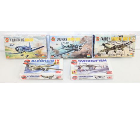 5 Airfix scale model kits to incl Bristol Blenheim IV, Swordfish, Fairey Firefly MK V, Douglas Dauntless, and Vought F4U-ID C
